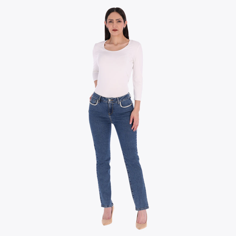 Jeans Corte Recto con Cinta de Brillo en Bolsas