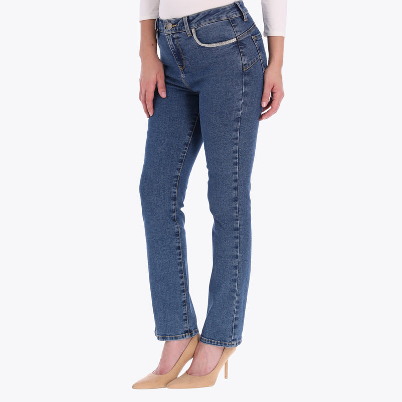 Jeans Corte Recto con Cinta de Brillo en Bolsas