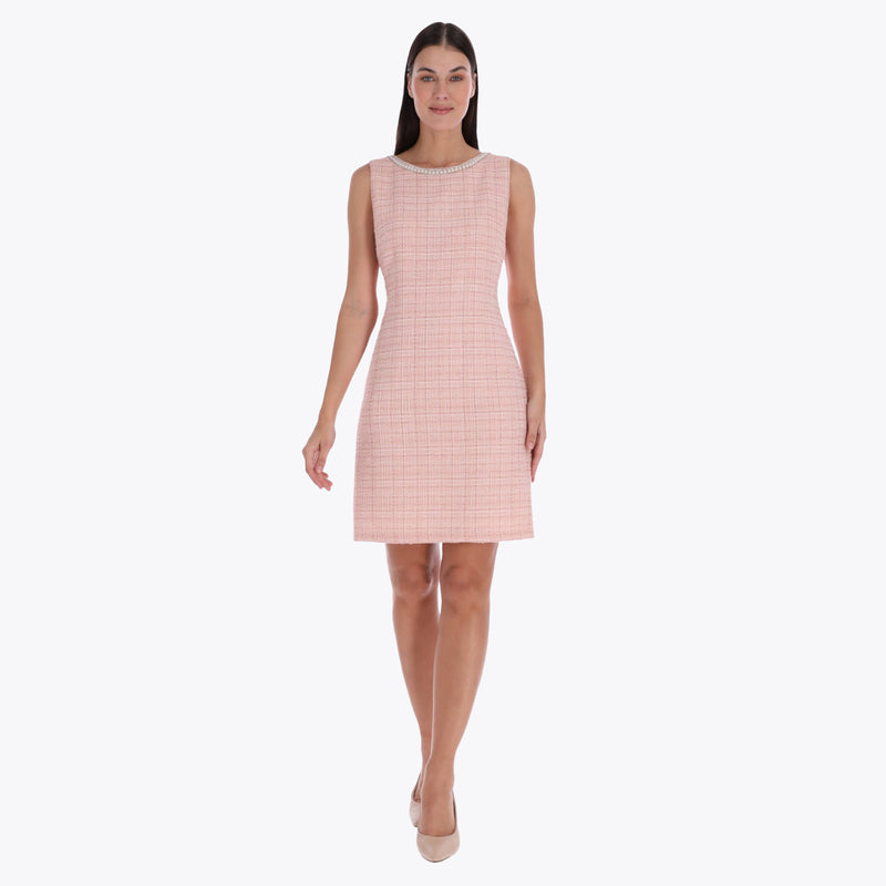 Vestido Cuello Redondo Detalle de Perlas en Tejido de Tweed