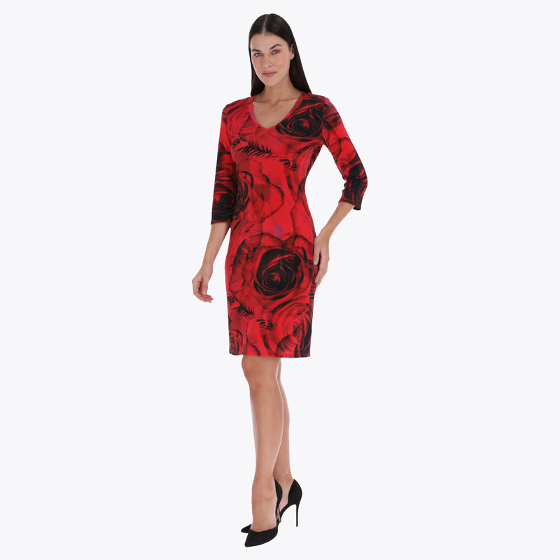 Vestido Camiseta Escote en V Manga 3/4" Tejido de Punto