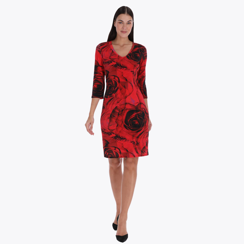 Vestido Camiseta Escote en V Manga 3/4" Tejido de Punto