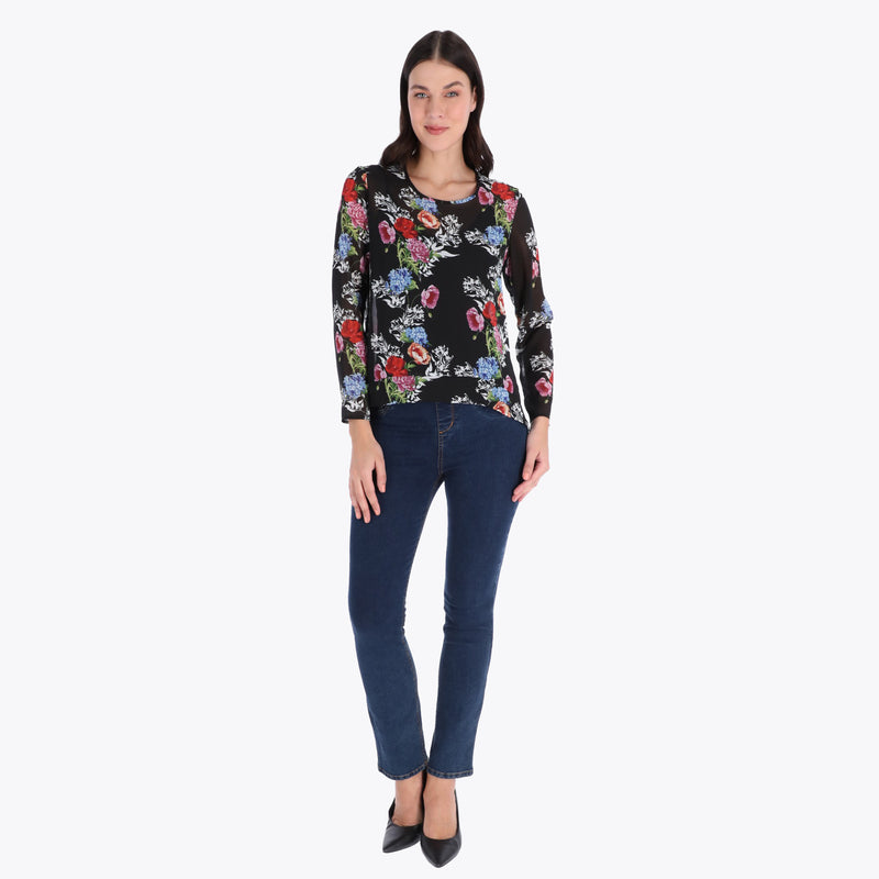 Blusa Escote Redondo con Pieza en Ruedo Tejido Plano