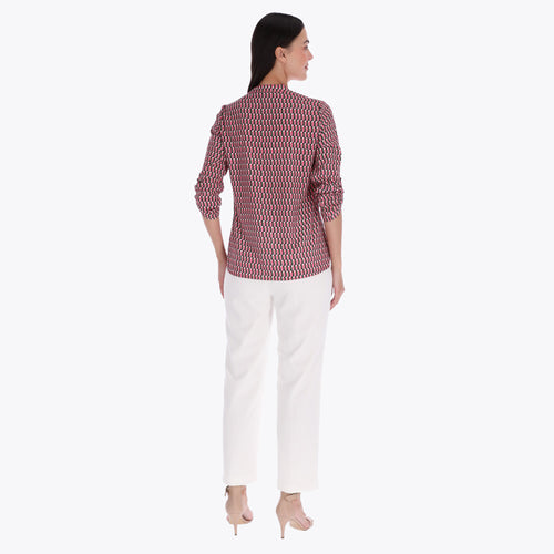 Petite Blusa Cuello Chino con Tablón al Frente Tejido Plano