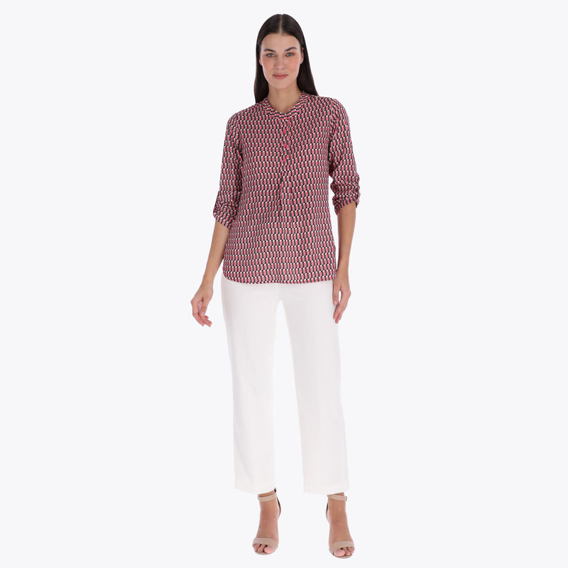 Petite Blusa Cuello Chino con Tablón al Frente Tejido Plano