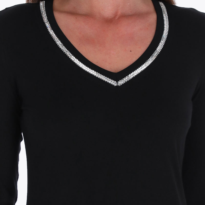 Top Escote en V con Detalle de Brillo Manga 3/4" Tejido de Punto