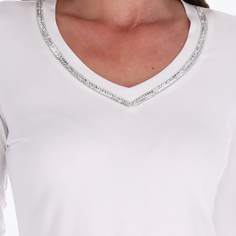 Top Escote en V con Detalle de Brillo Manga 3/4" Tejido de Punto
