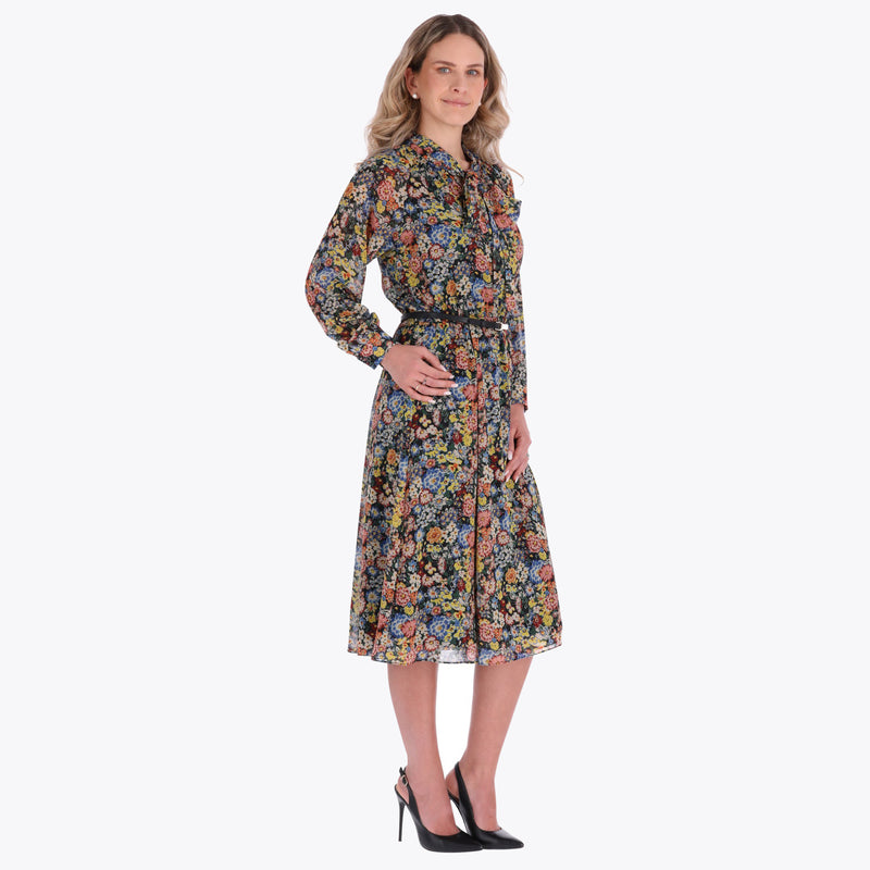Vestido con Corbata y Cinturon en Tejido Plano