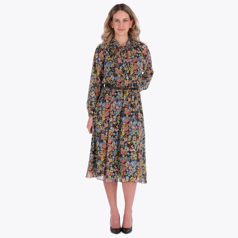 Vestido con Corbata y Cinturon en Tejido Plano
