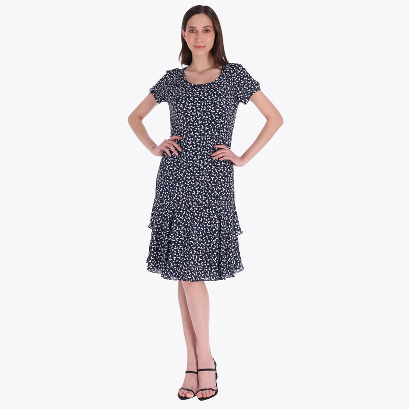 Vestido Escote Redondo con Olanes Tejido Plano