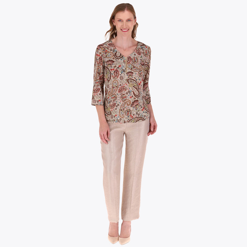 Blusa Escote V Manga 3/4 Cierre al Frente en Tejido Plano