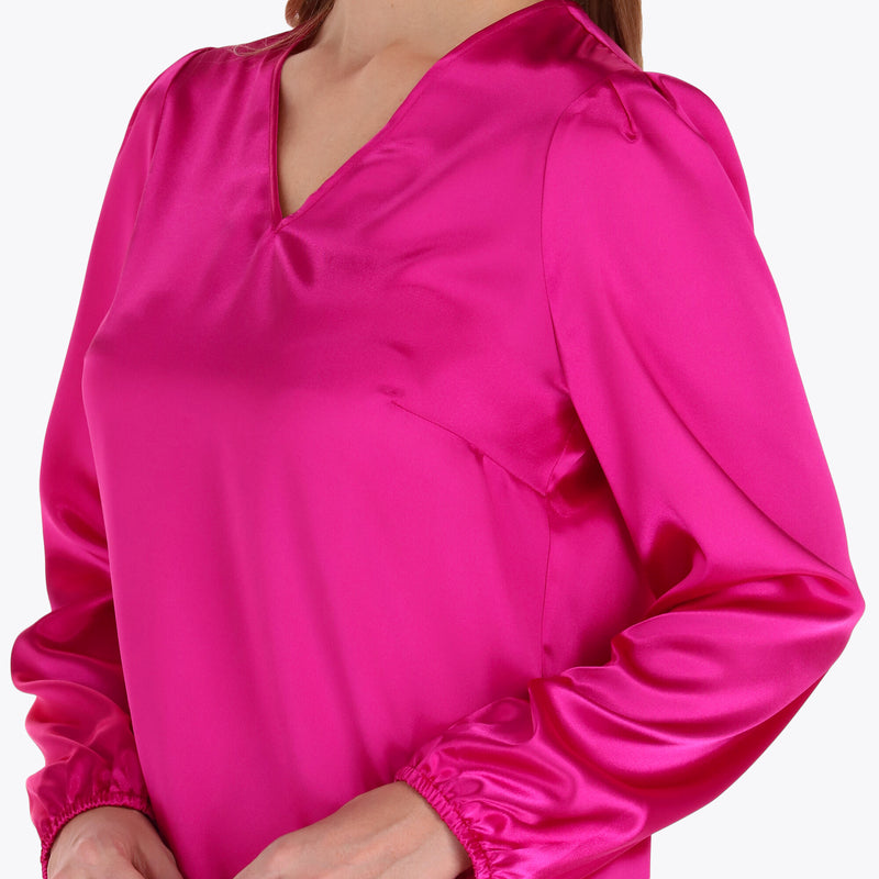 Blusa Satinada Escote en V Tablones en Hombro Elástico en Puños