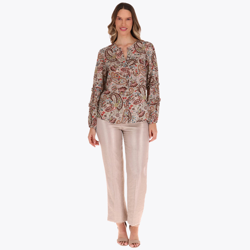 Blusa Cuello Redondo con Detalle de Escarolas en Mangas en Tejido Plano
