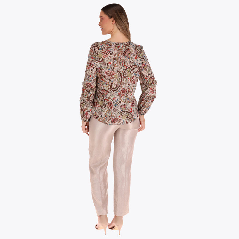 Blusa Cuello Redondo con Detalle de Escarolas en Mangas en Tejido Plano