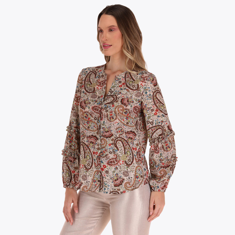 Blusa Cuello Redondo con Detalle de Escarolas en Mangas en Tejido Plano