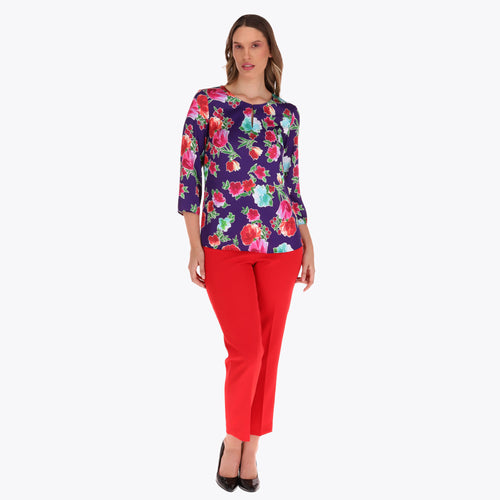 Blusa Satinada Escote Redondo con Abertura Manga 3/4