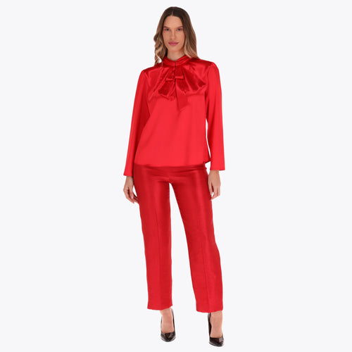 Blusa Satinada con Corbata Manga Larga Plisada en Hombros