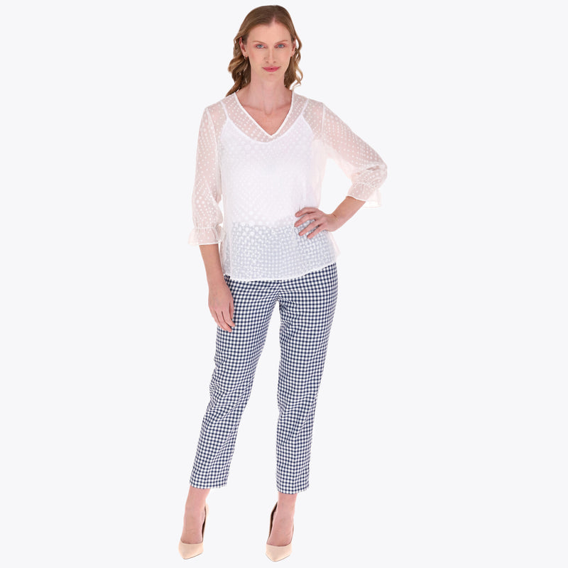 Blusa con Top Escote en V Manga 3/4 con Elástico en Puño Tela con Textura