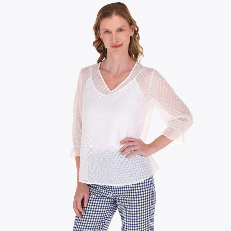 Blusa con Top Escote en V Manga 3/4 con Elástico en Puño Tela con Textura
