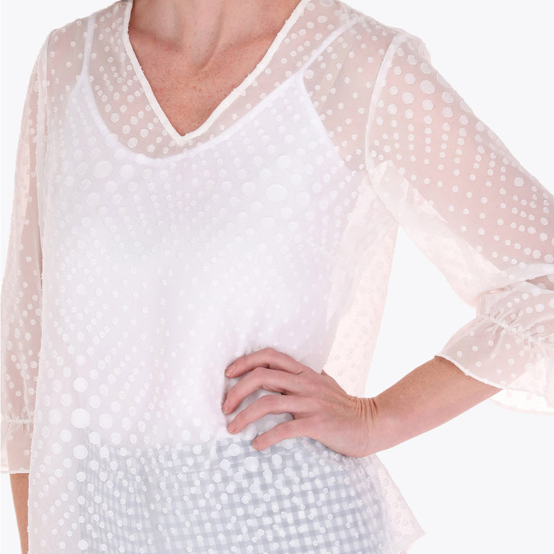 Blusa con Top Escote en V Manga 3/4 con Elástico en Puño Tela con Textura