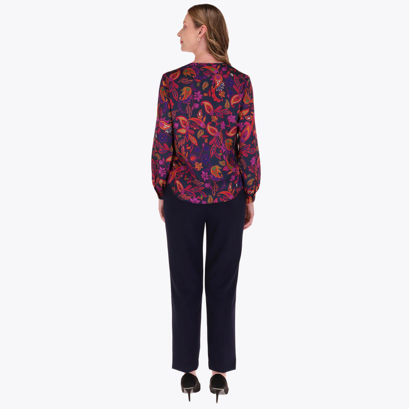 Blusa Satinada Escote V Manga Larga con Puño