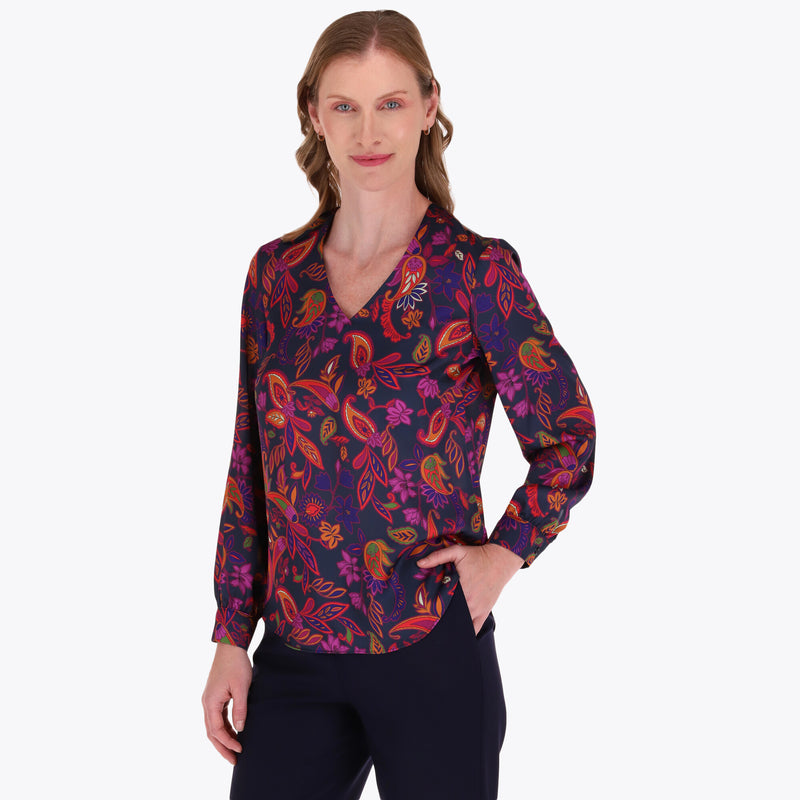 Blusa Satinada Escote V Manga Larga con Puño