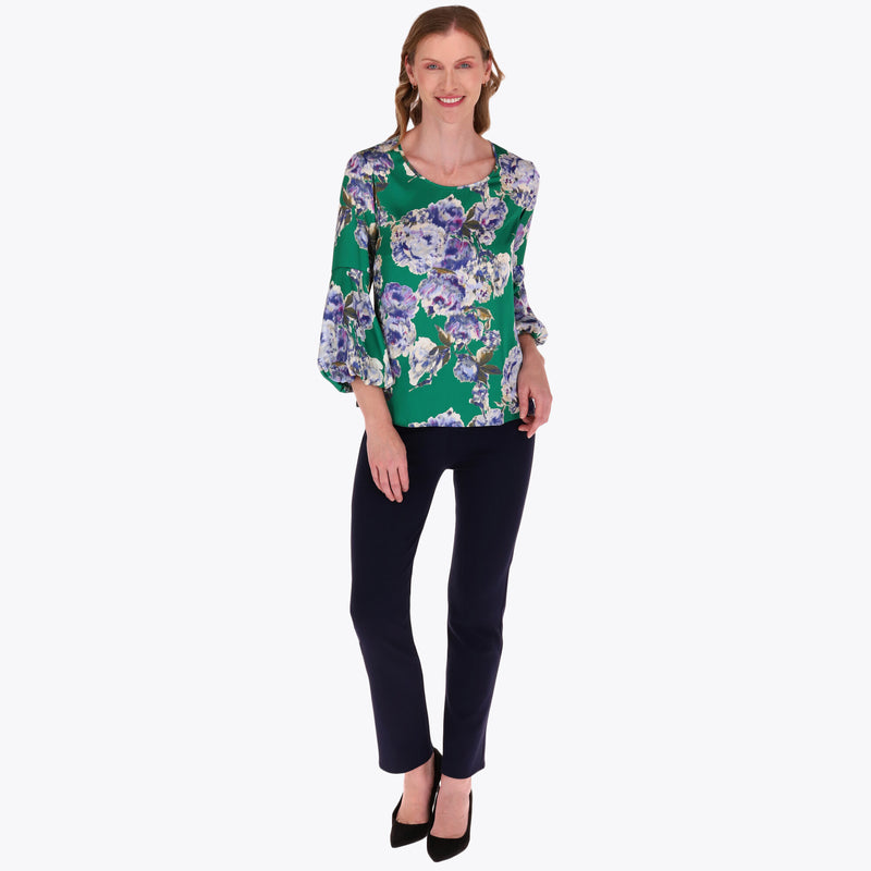 Blusa en Satín Escote Redondo Manga 3/4 Aglobada en Puño