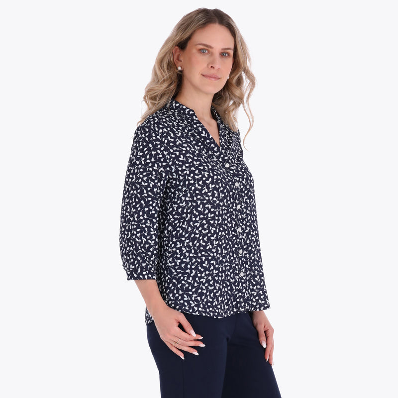 Blusa Camisera Cuello Chino Manga 3/4" Tejido Plano