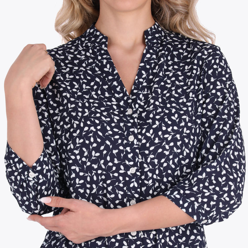 Blusa Camisera Cuello Chino Manga 3/4" Tejido Plano