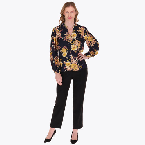 Blusa Escote V Cuello Chino Manga Larga en Tejido Plano