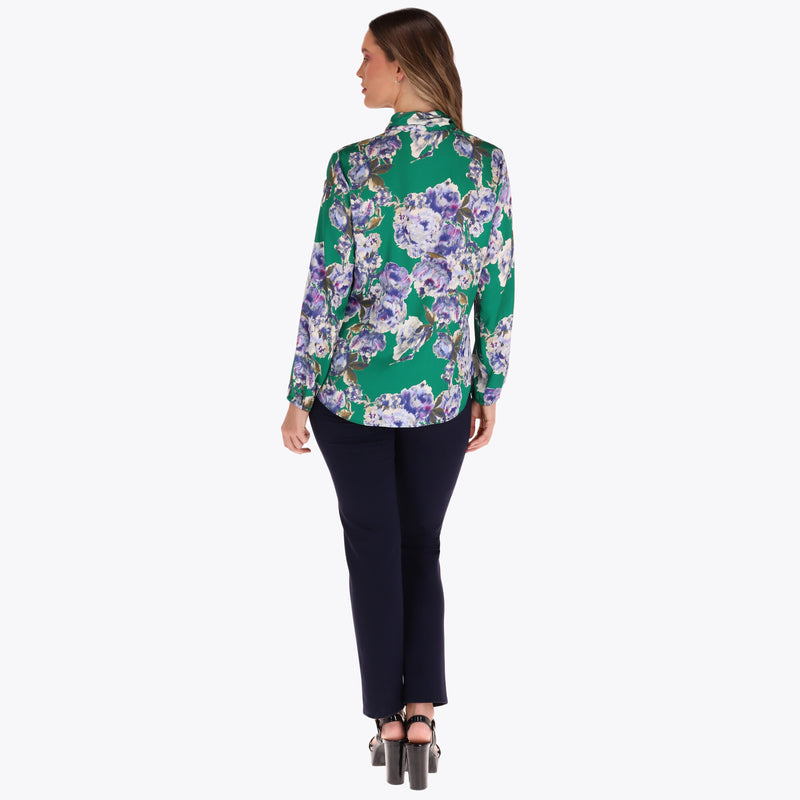 Blusa Satinada con Corbata al Frente Elástico en Puños Manga Larga