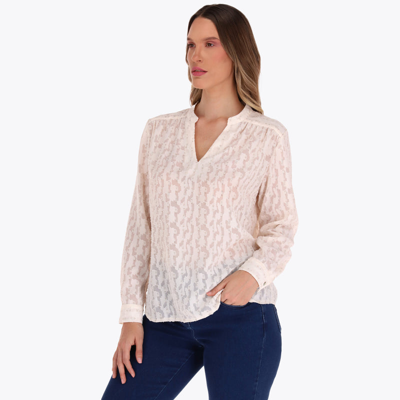 Blusa Cuello Chino Manga Larga Tela con Textura