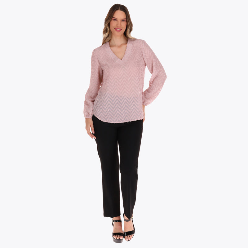 Blusa Escote V Manga Larga Elástico en Puño Tela con Textura