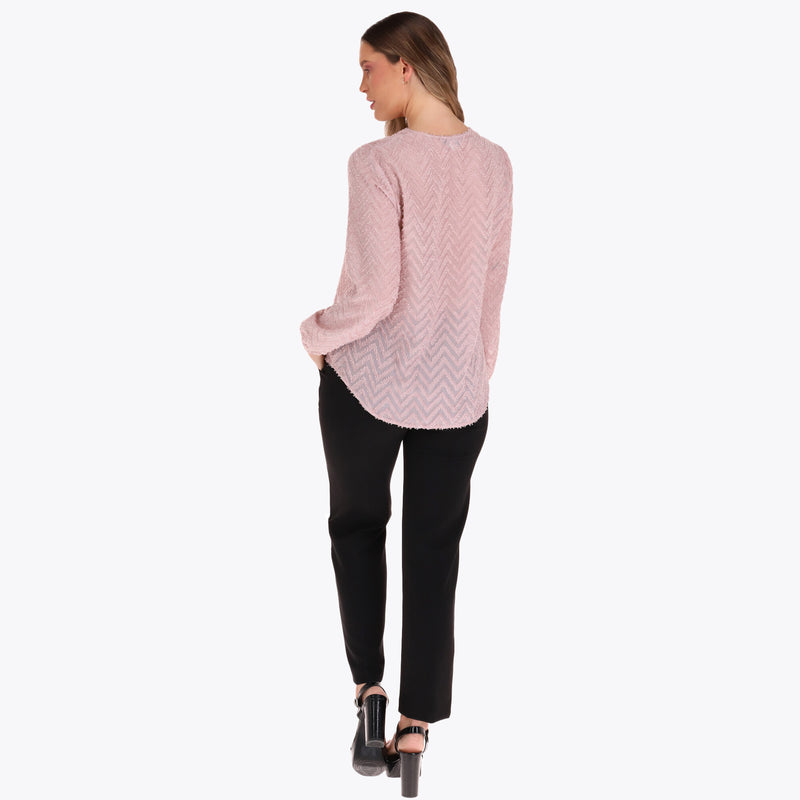Blusa Escote V Manga Larga Elástico en Puño Tela con Textura