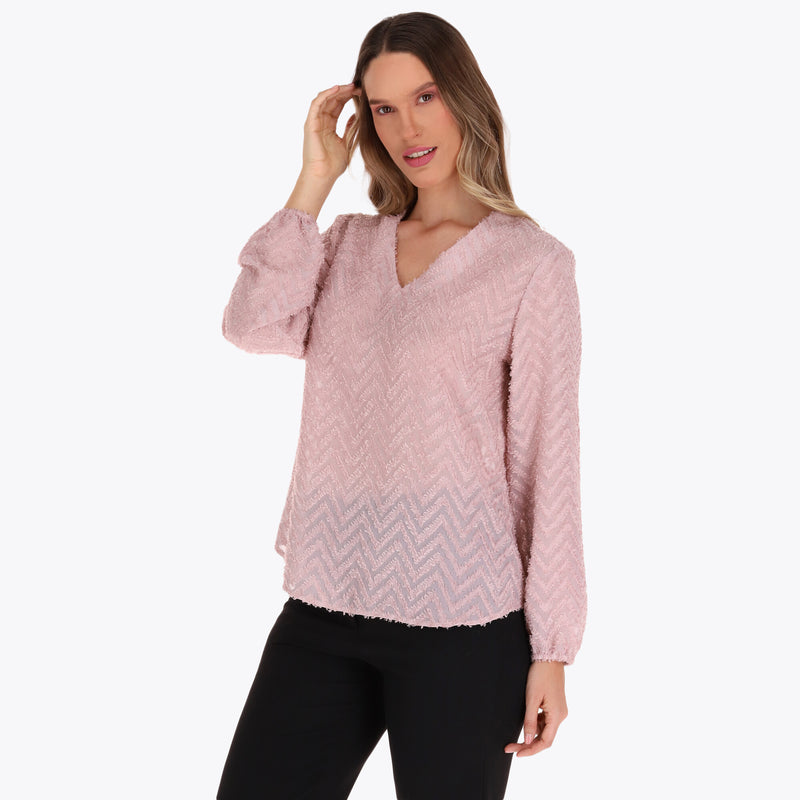 Blusa Escote V Manga Larga Elástico en Puño Tela con Textura