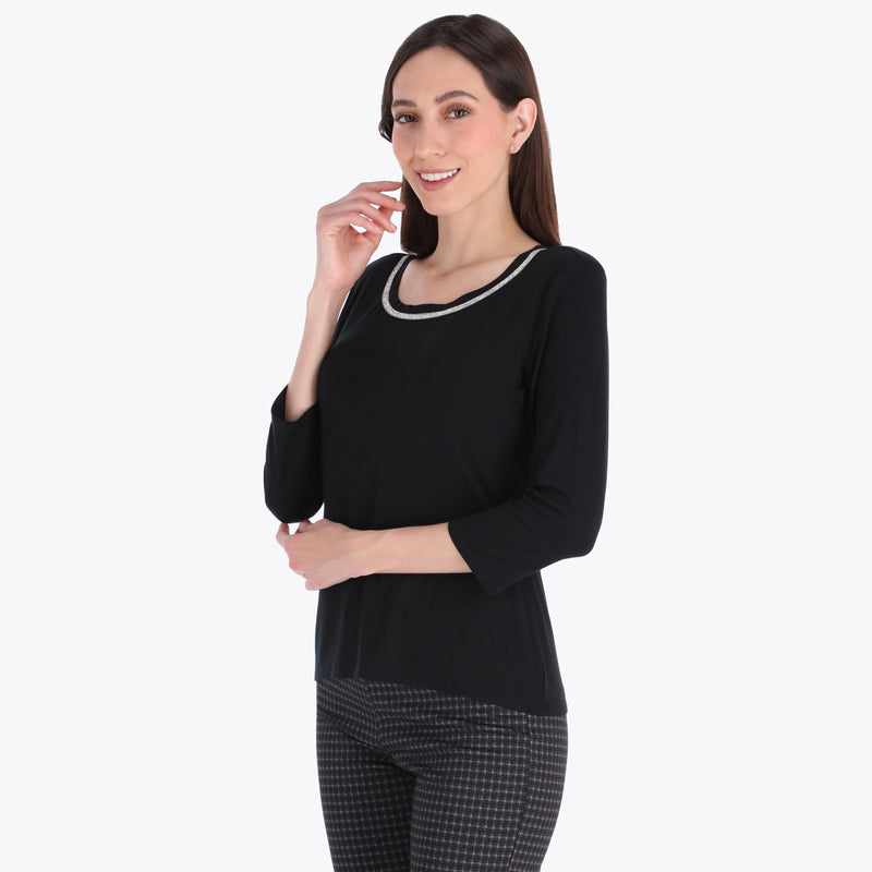 Top Escote Redondo Manga 3/4" con Cinta de Brillo Tejido de Punto