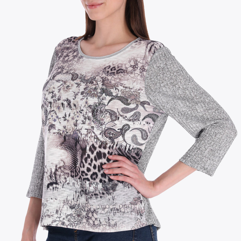 Top Estampado Cuello Redondo con Combinacion de Telas en Tejido de Punto
