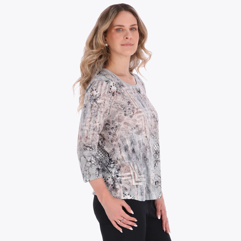Top Estampado Cuello Redondo Manga 3/4" con Piedras en Tejido de Punto
