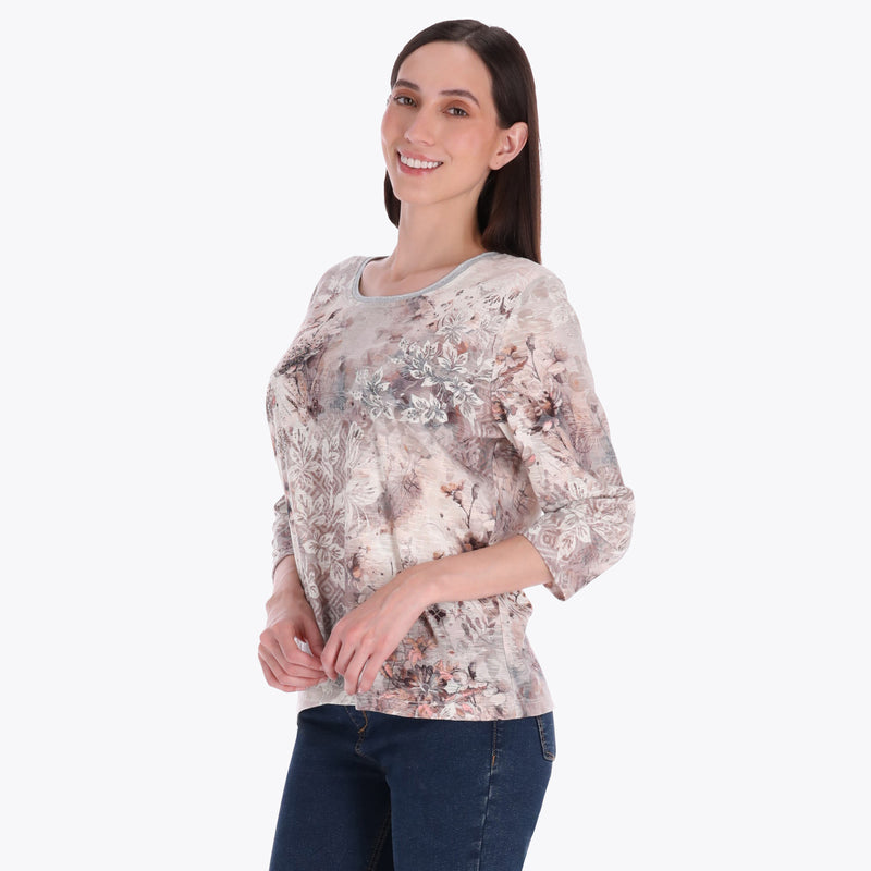 Top Estampado Cuello Redondo Manga 3/4" con Piedras en Tejido de Punto