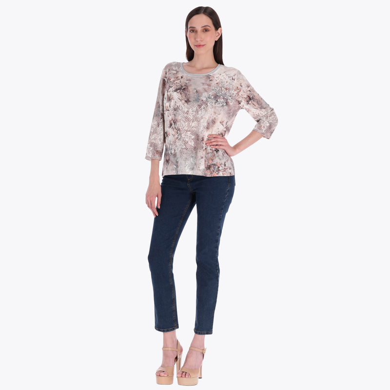 Top Estampado Cuello Redondo Manga 3/4" con Piedras en Tejido de Punto