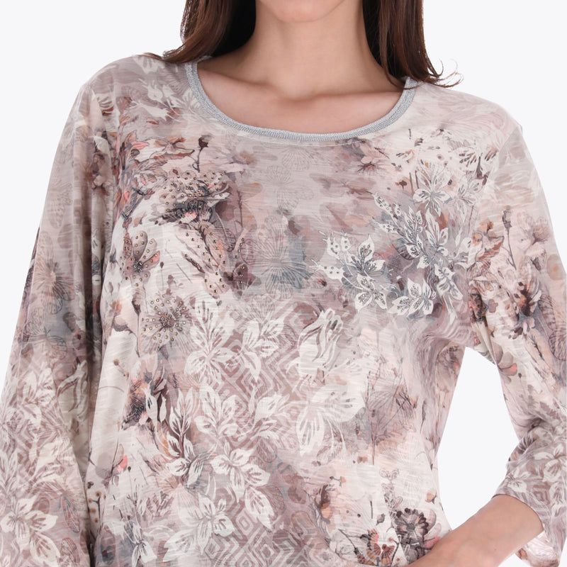 Top Estampado Cuello Redondo Manga 3/4" con Piedras en Tejido de Punto