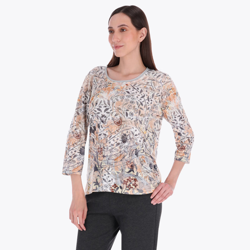 Top Estampado Cuello Redondo Manga 3/4" con Piedras en Tejido de Punto