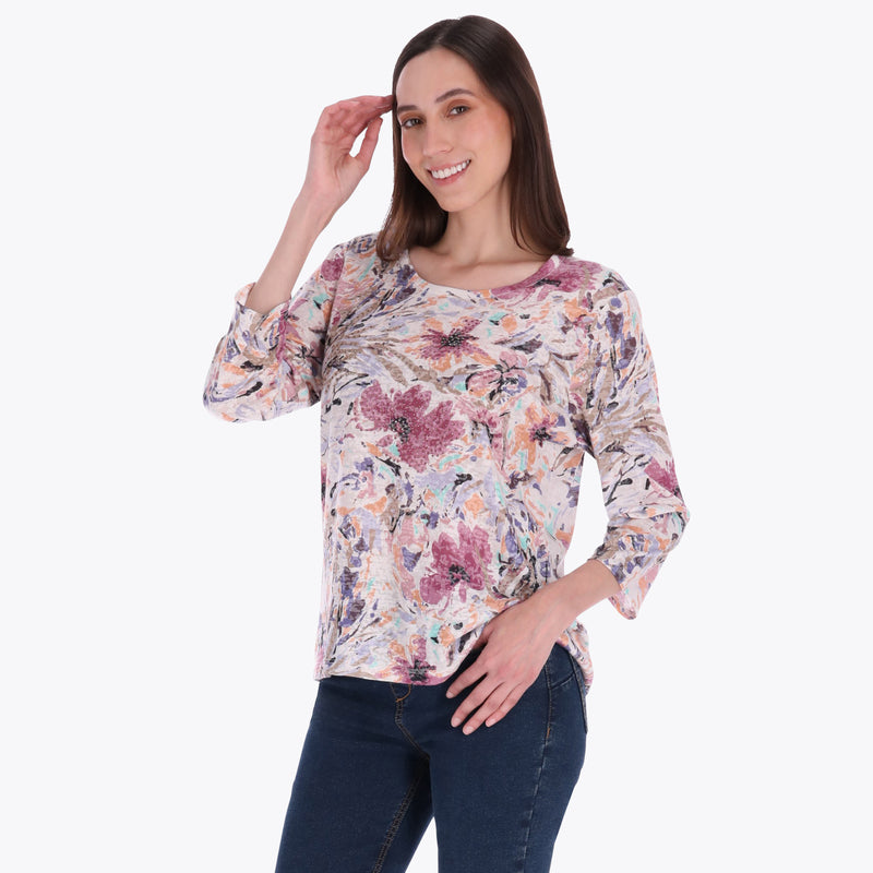 Top Estampado Cuello Redondo Manga 3/4" con Piedras en Tejido de Punto