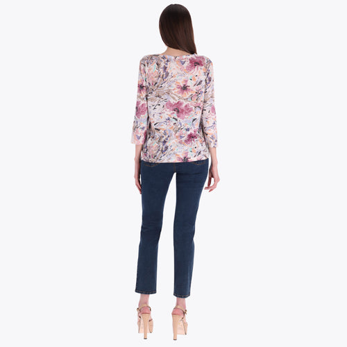 Top Estampado Cuello Redondo Manga 3/4" con Piedras en Tejido de Punto