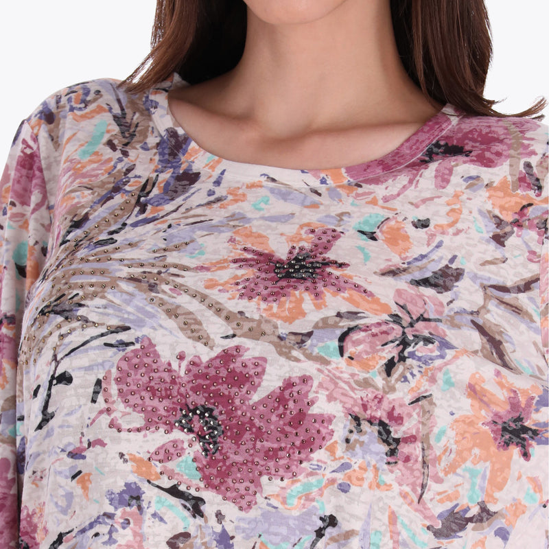 Top Estampado Cuello Redondo Manga 3/4" con Piedras en Tejido de Punto