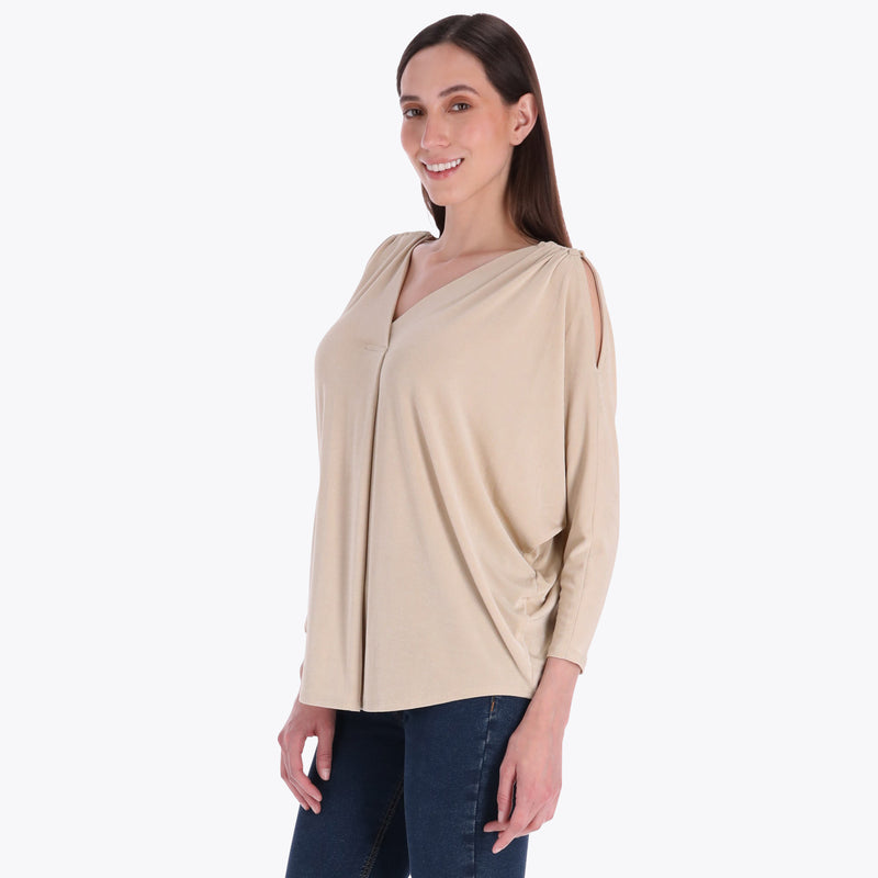 Top en Escote en "V" con Tablon Hebillas Decorativas en Hombros Tejido de Punto