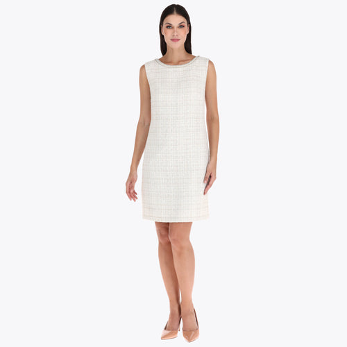 Vestido sin Mangas Escote Redondo con Aplicación de Perlas en Tejido de Bouclé