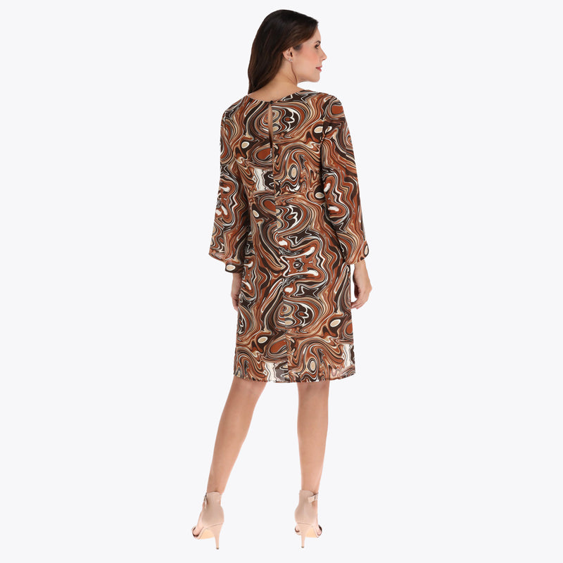 Vestido Escote Redondo con Mangas Campana en Tejido Plano