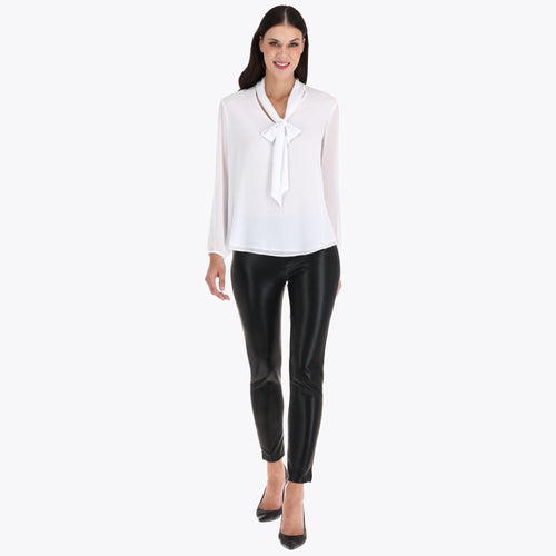 Blusa con Corbata y Escote en V en Tejido Plano