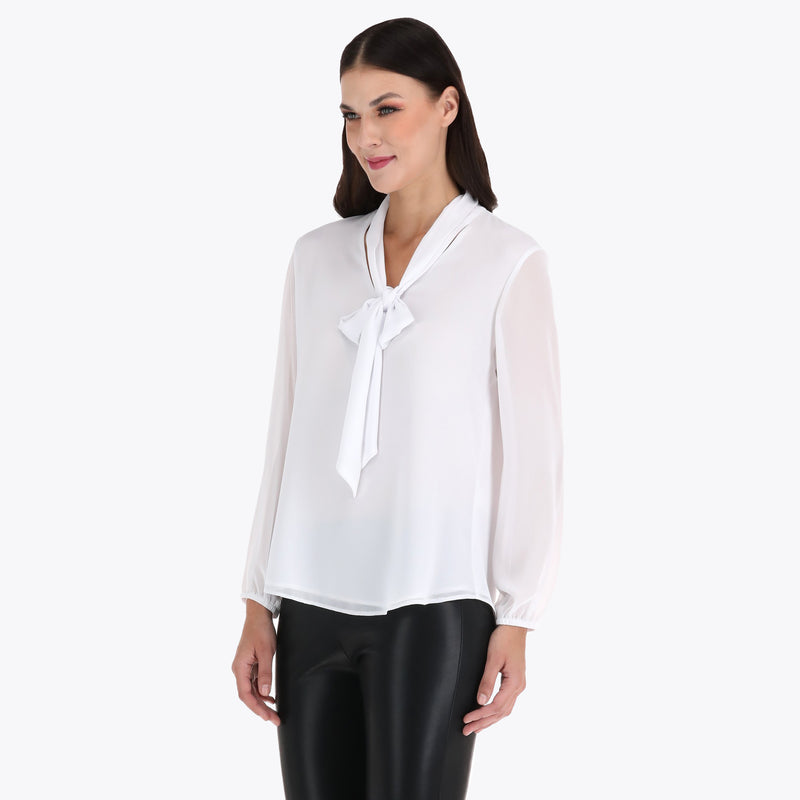 Blusa con Corbata y Escote en V en Tejido Plano