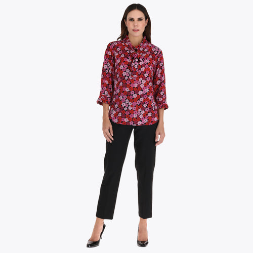 Blusa con Amarre en Escote y Escarolas en Cuello y Puño en Tejido Plano